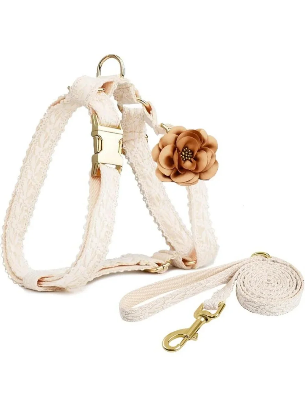 Adjustable No-Pull Puppy Harness & Leash Set - Handmade Cotton, Floral Lace for